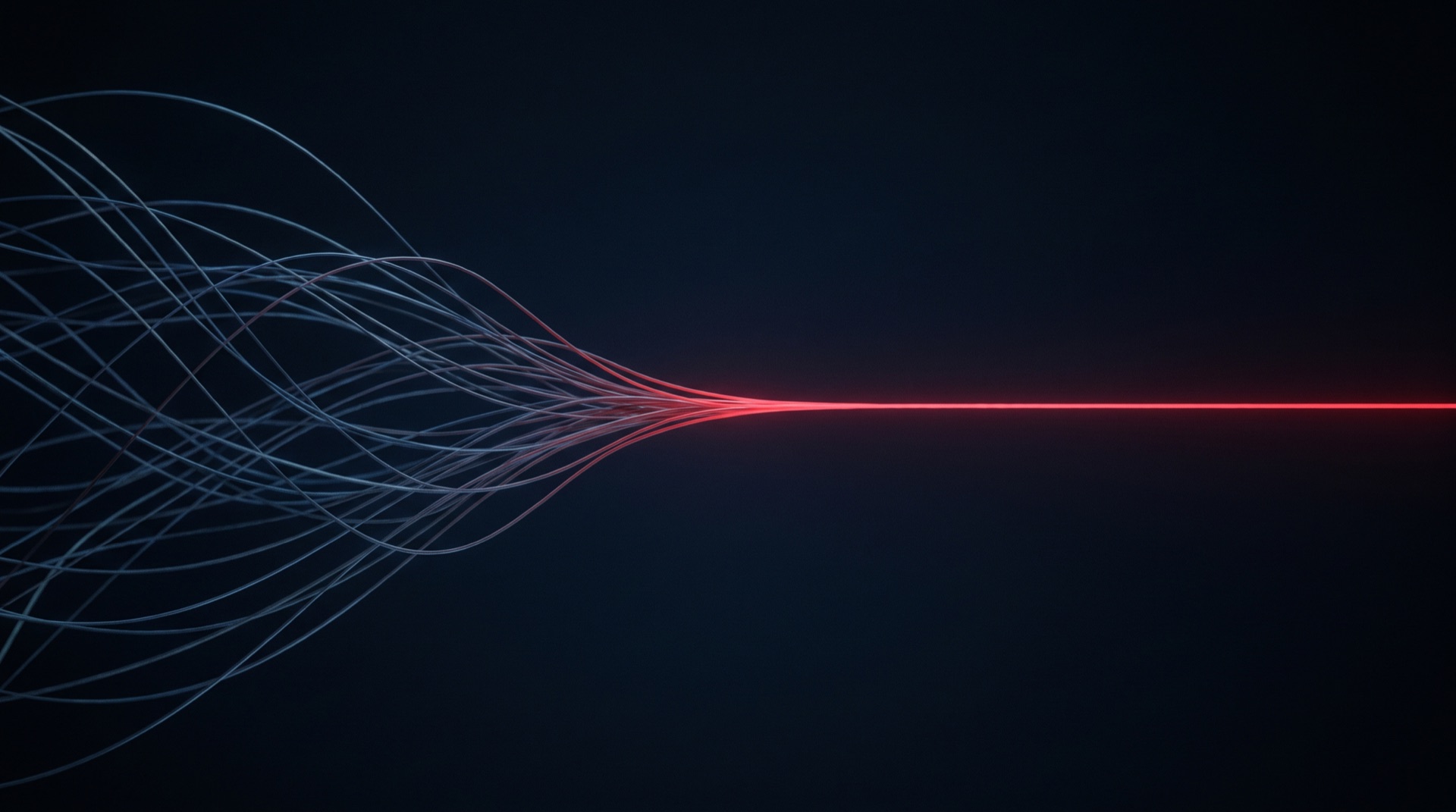 Many tangled blue lines converging from the left into a single clean red line — many inherited lead sources consolidated into one program.